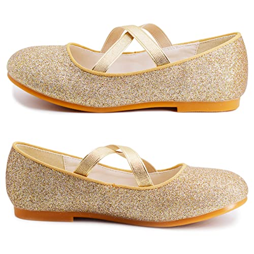 Girls Glitter Princess Ballet Flats With Elastic Strap, Mary Jane Dress Shoes For Girl Back To School Wedding Party(Big Kids Gd-1#) A-Gold #TOP1