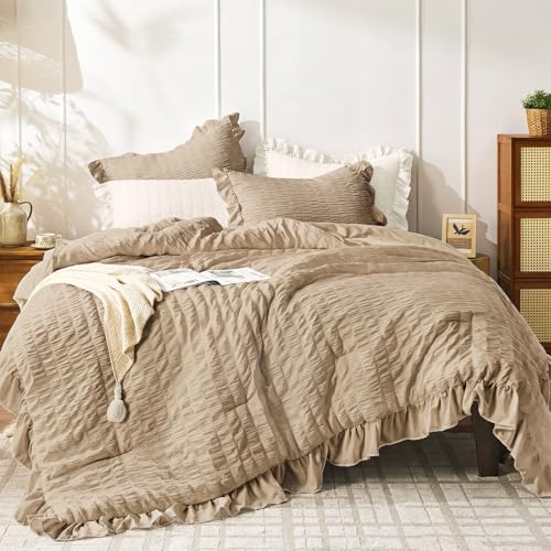 Image of JOLLYVOGUE King Size Comforter Set, 3 Pieces Khaki Seersucker Comforters King Size, Lightweight & Fluffy Bedding Sets King for All Season with 1 Ruffle Comforter and 2 Ruffle Pillowshams