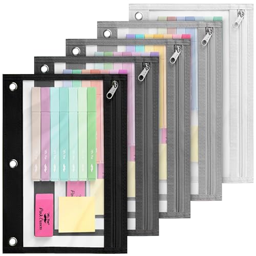Image of Mr. Pen- Pencil Pouch for 3 Ring Binder, 5 Pack, 10 inchx7 inch, Smooth Zipper | Clear Window, Large Capacity Pencil Case with 3 Reinforced Grommets for School, Office, Supplies Storage | Clear Window, Large Capacity Pencil Case with 3 Reinforced Grommets for School, Office, Supplies Storage