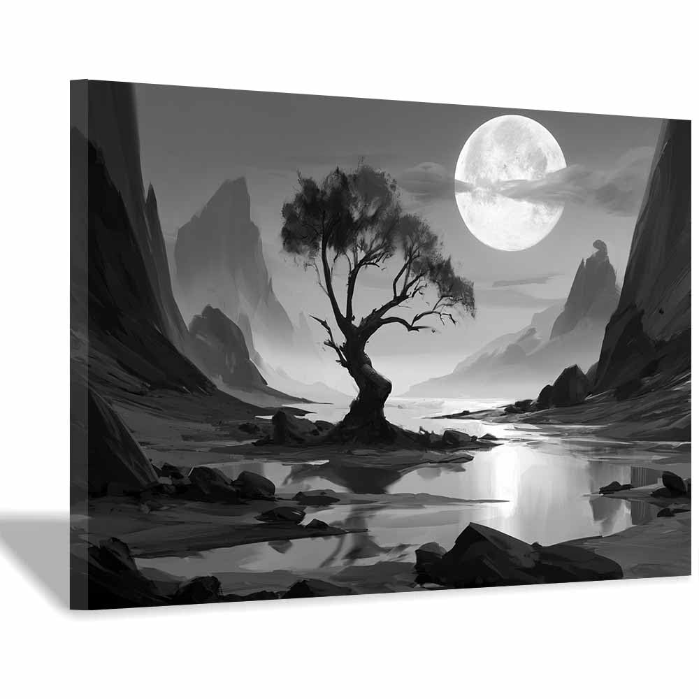 XENIOU Black And White Pictures Moon Lone Tree Landscapes Canvas Wall Art, artwork for Bedroom Living Room Bathroom Office Home Decoration(Multicolor)-40x60cm Framed