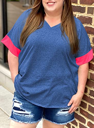 Eytino Women Plus Size Tunic Tops V Neck Short Sleeve Colorblock Casual Loose Tee Shirts,3X Blue #TOP2