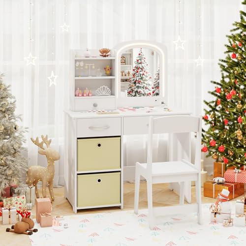 Image of HONEY JOY Kids Vanity, Little Girls Vanity Set with Mirror and Stool and Lights, Wooden Princess Makeup Dressing Table, Storage Box & Shelf, Pretend Play Kids Vanity Table and Chair Set(White)