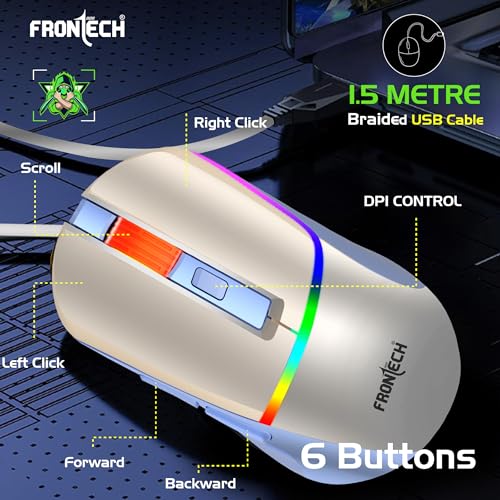 Image of FRONTECH MS-0105 Wired Gaming Mouse | 7200 DPI | 6 Programmable Buttons | 7-Color RGB Gaming Mouse Rainbow Lighting | Ergonomic Gaming Mouse | White & Blue | USB Interface | 1.5m Braided Cable