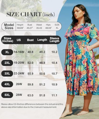 Image of TIYOMI Women Plus Size Dress Boho V Neck Short Sleeve Beach Maxi Dresses Floral /Stripe /Leaves /Lemon XL-5XL