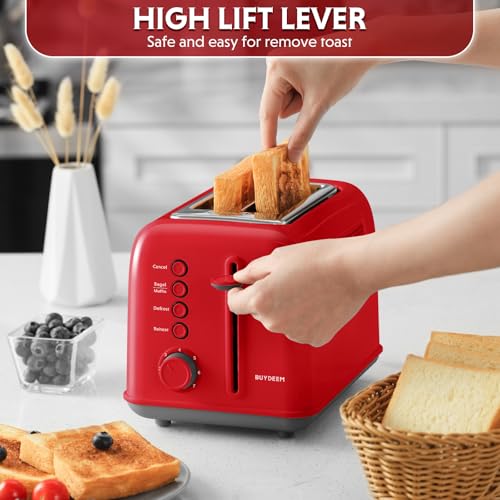 Image of BUYDEEM DT620 2-Slice Toaster, Extra Wide Slots, Retro Stainless Steel with High Lift Lever, Bagel and Muffin Function, Removal Crumb Tray, 7-Shade Settings,Red