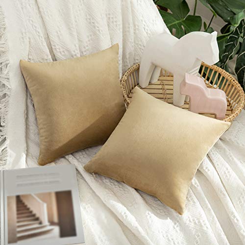 Image of MIULEE Pack of 2 Khaki Velvet Throw Pillow Covers 14x14 Inch Soft Solid Decorative Square Set Cushion Cases for Couch Sofa Bedroom