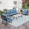 SUNSHINE VALLEY 4 Piece Metal Outdoor Patio Furniture Set, Patio Conversation Set 1 3-seater Sofa, 2 Rocking Chair with 5.75" Extra Thick Cushion and Coffee Table, Black Frame Backyard Furniture, Navy
