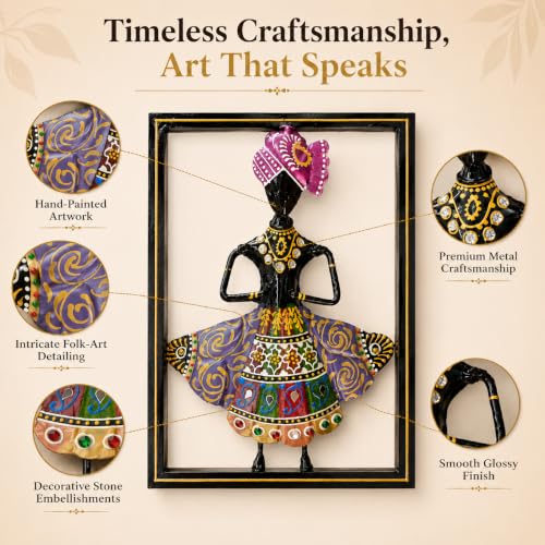 Image of iHandikart Folk Dancer Metal Wall Art for Living Room, Iron Wall Sculpture with Traditional Indian Folk Art Design, Decorative Wall Hanging for Home, Bedroom, Entryway & Office (10.5 x 8 Inch)