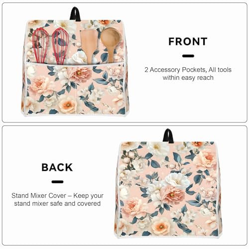 Image of Kitchen Dust Cover Compatible with 4.5 5 6 8 quart Stand Mixer, Kitchen Appliance Protective Covers with Top Handle and Pocket (Cream Peach Floral Garden, For All 6-8 qt Mixer)