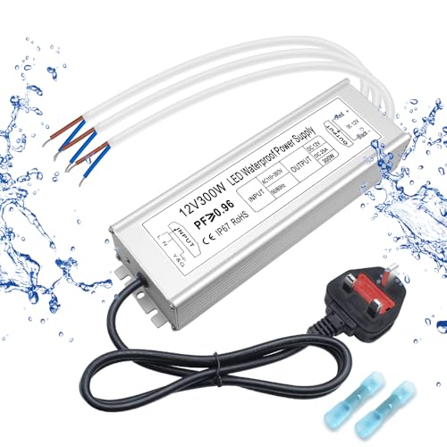 inShareplus LED Driver, 300W IP67 Waterproof Outdoor Power Supply,AC 110-260V to DC 12V 25A Low Voltage Transformer, Adapter with 3-Prong Plug for LED Light, Computer Project, Outdoor Use