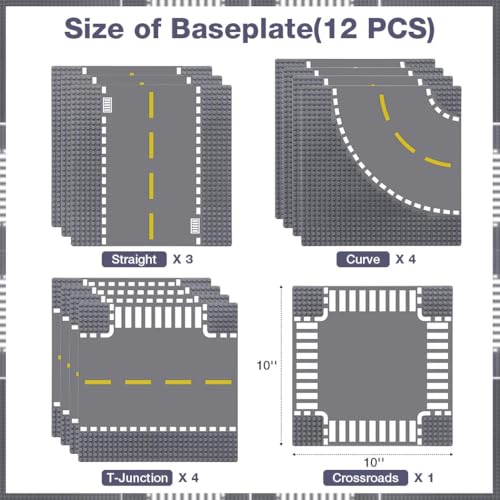 Image of Lekebaby 12 Pack Road Base Plates 10x10 City Street Baseplates, 4 Curve / 4 T Junction / 3 Straight / 1 Junction, Compatible with Major Brands
