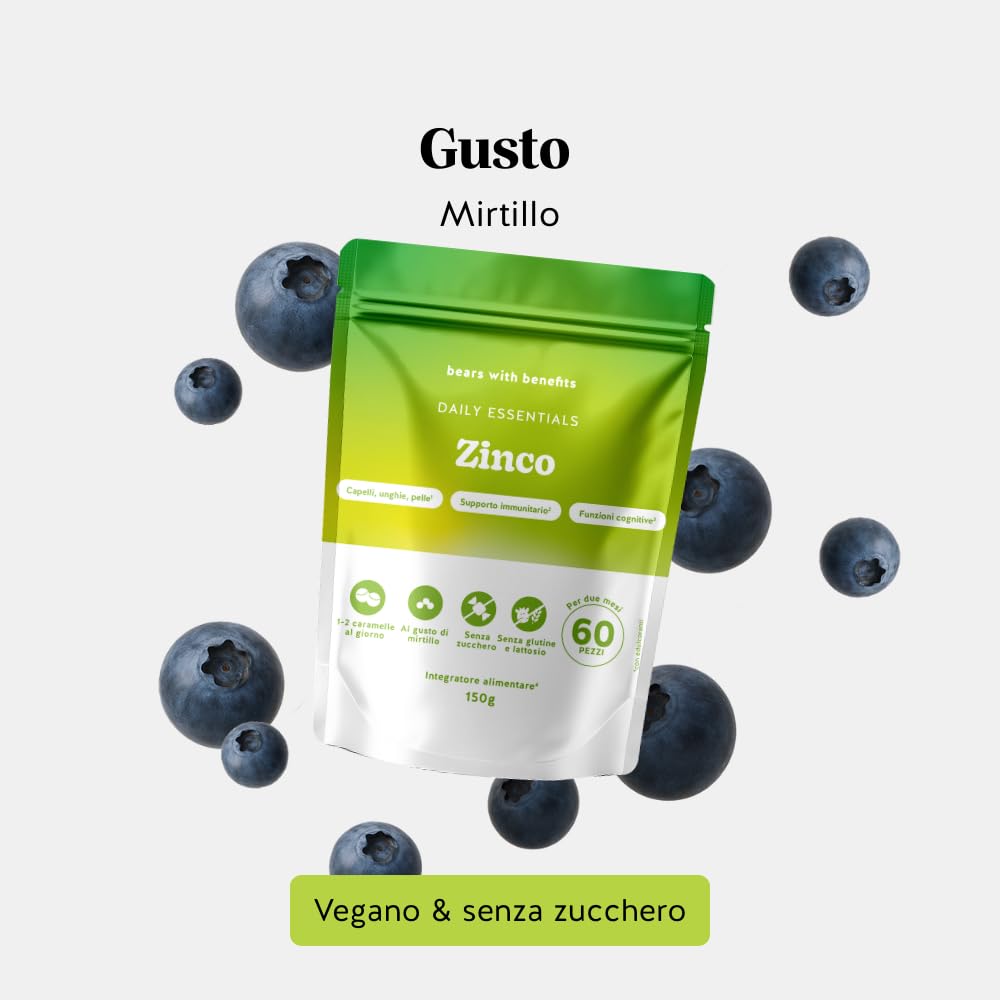Zinco 25mg Gummies - Contribuisce a capelli, unghie e pelle normali, supporto immunitario e funzione cognitiva - 60 Pezzi (2 mesi) – Senza Zucchero, Vegane – Bears with Benefits