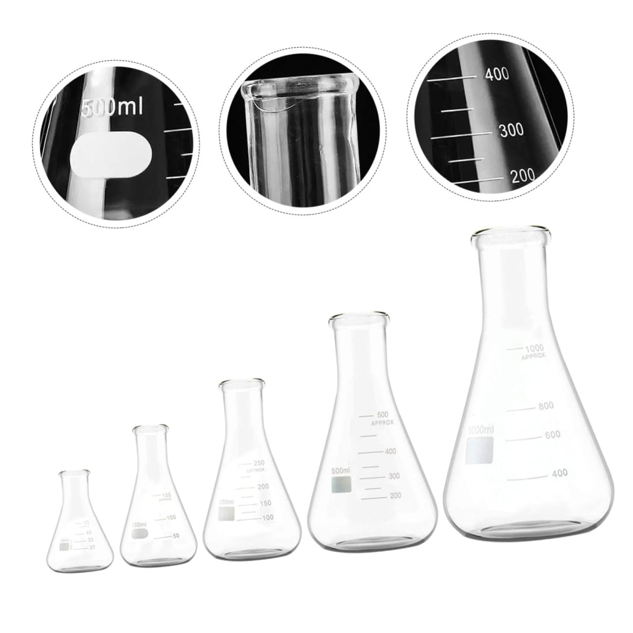 SHINEOFI Set di 5 Palloni Conici in Vetro Borosilicato Spesso, Piani e Resistenti per Uso in Laboratorio Chimico e Bollitura, per Esperimenti Scientifici