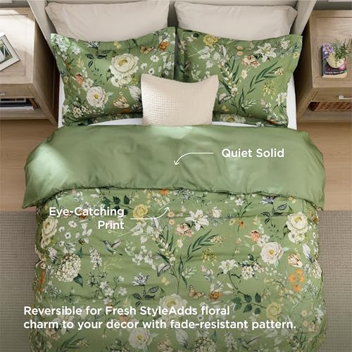 Image of Bedsure Comforter Set Full Size - Cute Floral Bedding Comforter Set, 3 Pieces, 1 Soft Reversible Olive Green Woodland Floral Flowers Comforter and 2 Pillow Shams