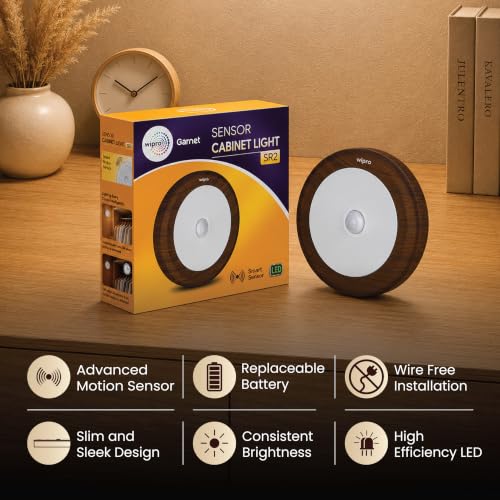Image of Wipro Garnet Motion Sensor Cabinet Light SR2 | Neutral White| Wooden Finish | Auto On /Off Lights for Kitchen, Wardrobe & Shelf | Wireless | Magnetic Stick On | Battery Required Separately (3*AAA)|PK 1