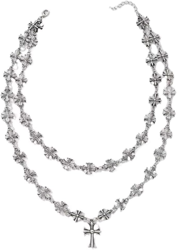 Secret for Longevity King Studio Vintage Look Double Strand Gothic Silver Tone Cross Pendant Necklace (17" inches)