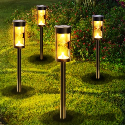 Luces Solares Led Exterior Jardin, Moman 4Pcs Luz Solar Exterior con Forma de Reloj de Arena Luz Cálida Impermeable 600mAh Auto ON/OFF para Caminos Patio Terreza, Lampara-Solares-Exterior-Jardín-Luces