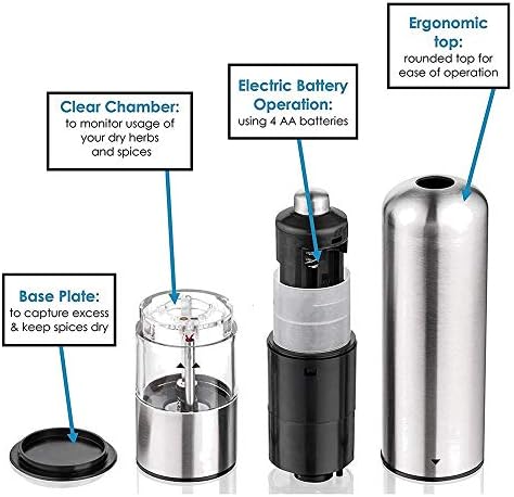 Electric Salt and Pepper Grinders Set of 2 - Battery Operated Stainless Steel Mills with Adjustable Coarseness, LED Light, Automatic Grinding Blade for Effortless Seasoning.