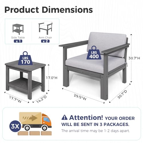 Image of Modular Outdoor Patio Conversation Set, 3-Piece HIPS Chairs with Side Table & Thick Cushions- Side Interlock & Detachable Armrest, All-Weather Patio Furniture Set for Backyard, Deck, Poolside
