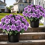 2 Set of Artificial Dahlia Topiary Ball Trees - Fake Silk Dahlia Flower Bushes, UV Resistant Faux Floral Shrub Potted for Front Door Porch Farmhouse Wedding Outdoor Decor (Purple)