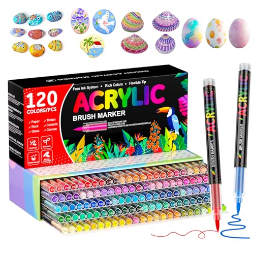 Patamiyar 120 Couleurs Feutre Acrylique, Marqueur Peinture Acrylique à Base D'eau avec pointe pinceau de 1 à 5 mm, stylos acryliques pour Pierre, Verre, Céramique, Papier, Bois et DIY Fournitures