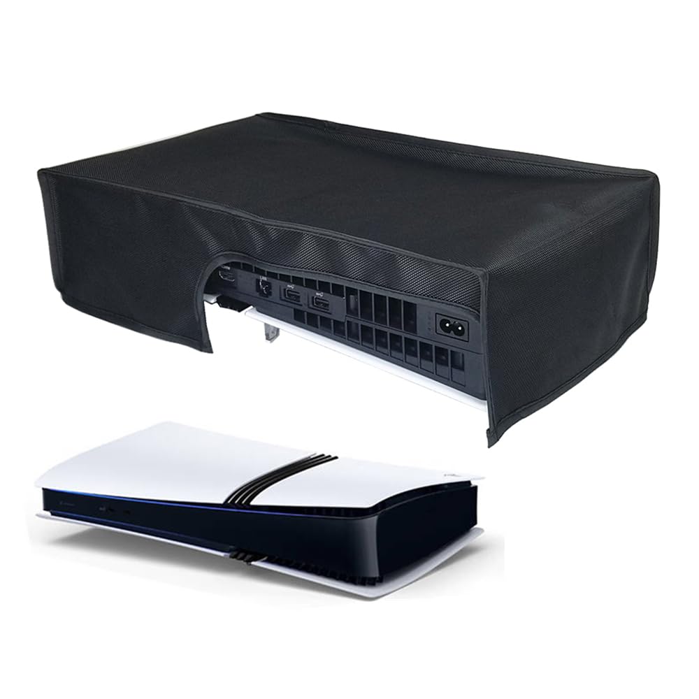 for PS5 Pro Dust Cover, Horizontal Mode Dustproof Shell Protective Sleeve for PS5 Pro Disc & Digital Console, Oxford Cloth Anti-Scratch Waterproof Easy Access Cable Port (Black with Black Trim)