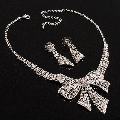 Collar de lazo de cristal y pendientes Avalaya juego de joyeria plateada brillante para bodas 2