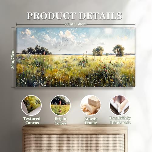 SERIMINO Country Nature Landscape Wall Art, Green Meadow Wildflower Extra Large Canvas Painting, Spring Scenery Aesthetic Rustic Farmhouse Wall Decor Living Room Dining Room Art Prints 30X60 Inch