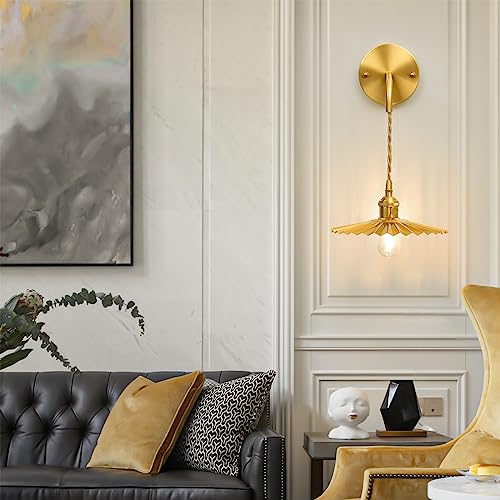 Shenmoyl Vintage 1-Light Wall Sconces Gold Pleated Shade Brass Cap Adjustable Chain Retro Gold Wall Mounted Light, Wall Lamp Fixtures Decor For Bedside Bedroom Indoor Doorway #TOP3