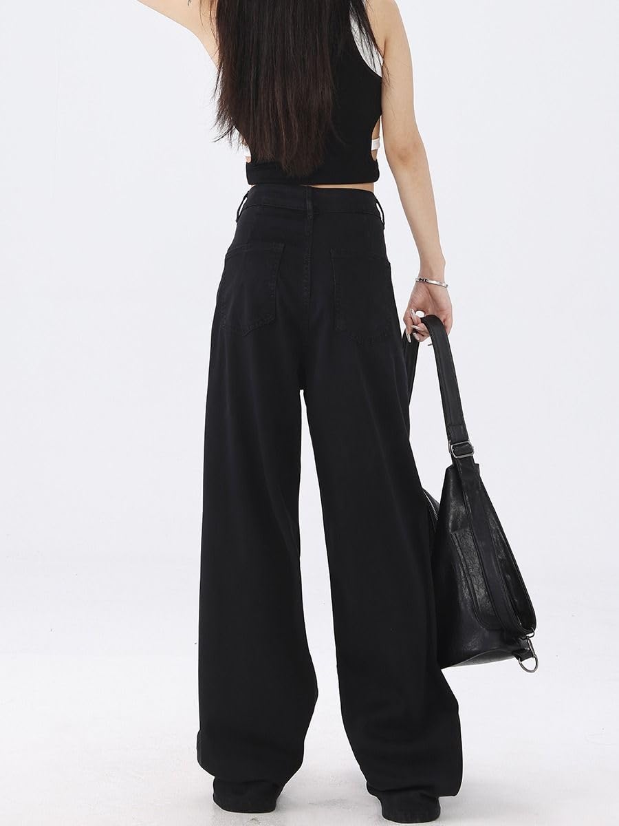 Pantalones Vaqueros para Mujer Pierna Recta Negro Verano Tiro Alto Sueltos