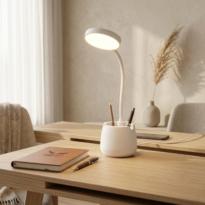 Table Lamp for Study Room with Pen Holder & Mobile Stand | 3 Colour Modes | Adjustable Brightness | Battery | Flexible Gooseneck | Eye-Care LED-picture-47