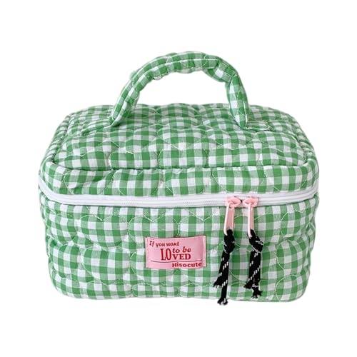 Hand Carry Handle Cosmetic Organizers Plaids Gingham Large Capacity Featuring Quilted Heart for Makeup Storage Travel Cosmetic O