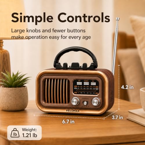 Image of VELOMAX Radio FM for Home with Speaker, FM Radio with Bluetooth 5.0, AM /FM /SW Portable Retro Radio with Solar Panel, USB-C Charging, Rechargeable Battery, USB & TF Card Playback(Brown)