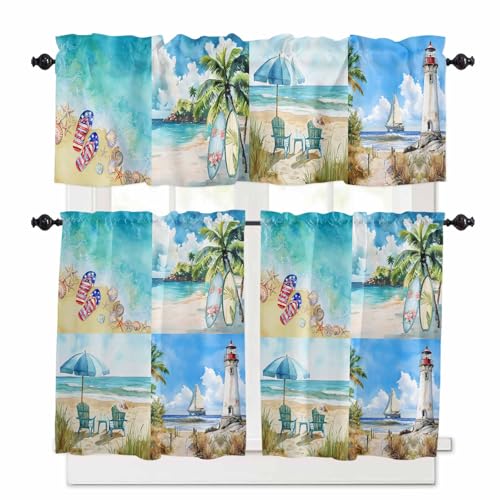 Summer Beach Kitchen Curtains 36 Inch Length, 3 Piece Rod Pocket Small Half Tiers and Valance Set, Modern Tropical Coastal Ocean Seaside Small Large Window Treatment Decor for Bedroom/Bathroom Sink