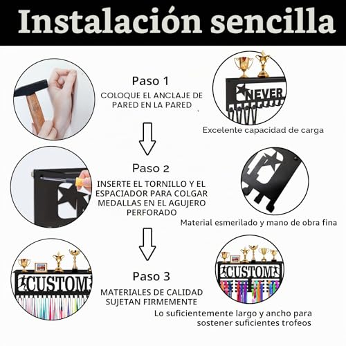 Miniatura 4 de Wolunli Soporte Personalizado Para Medallas Con Texto De Nombre, Soporte De Medallas De Acero Personalizado Para Pared Con Estante, Soporte Para Medallas Para Premios, Cintas, Medallas Para Correr