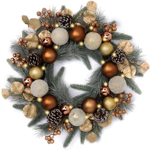 Valery Madelyn 20 Inch Pre-Lit Christmas Wreath for Front Door with Lights, Large Lighted Christmas Wreath with Bronze Copper Xmas Balls for Fireplace Window Outdoor Table Centerpiece Home Decoration