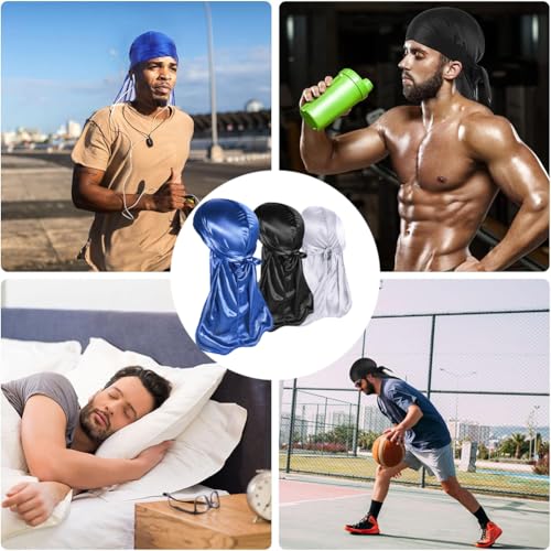 Silky Durag, Silk Du Rags für Männer und Frauen, 3 Stück Silky Durag für Männer, Premium Satin Do Rags Do Rags mit langem Schwanz für 360 Waves, Perfekt für Waves