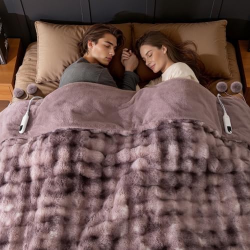 Image of Bearhug Heated Blanket Dual Controllers, Luxurious Faux Rabbit Fur Dual-Sided Electric Blankets, 100 x 90 Inches, Machine Washable, Gift-Ready Elegant Packaging