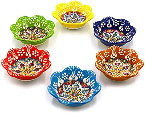 Silver Craft 6 Pcs Daisy Shaped Hand Painted Decorative Serving Turkish Tiny Bowls - Handmade Ceramic Bowl - Set of 6 (3.7 inc/9.5cm) 2.5 Oz Pinch Multicolor Small Serving Bowls - Best Gift Set