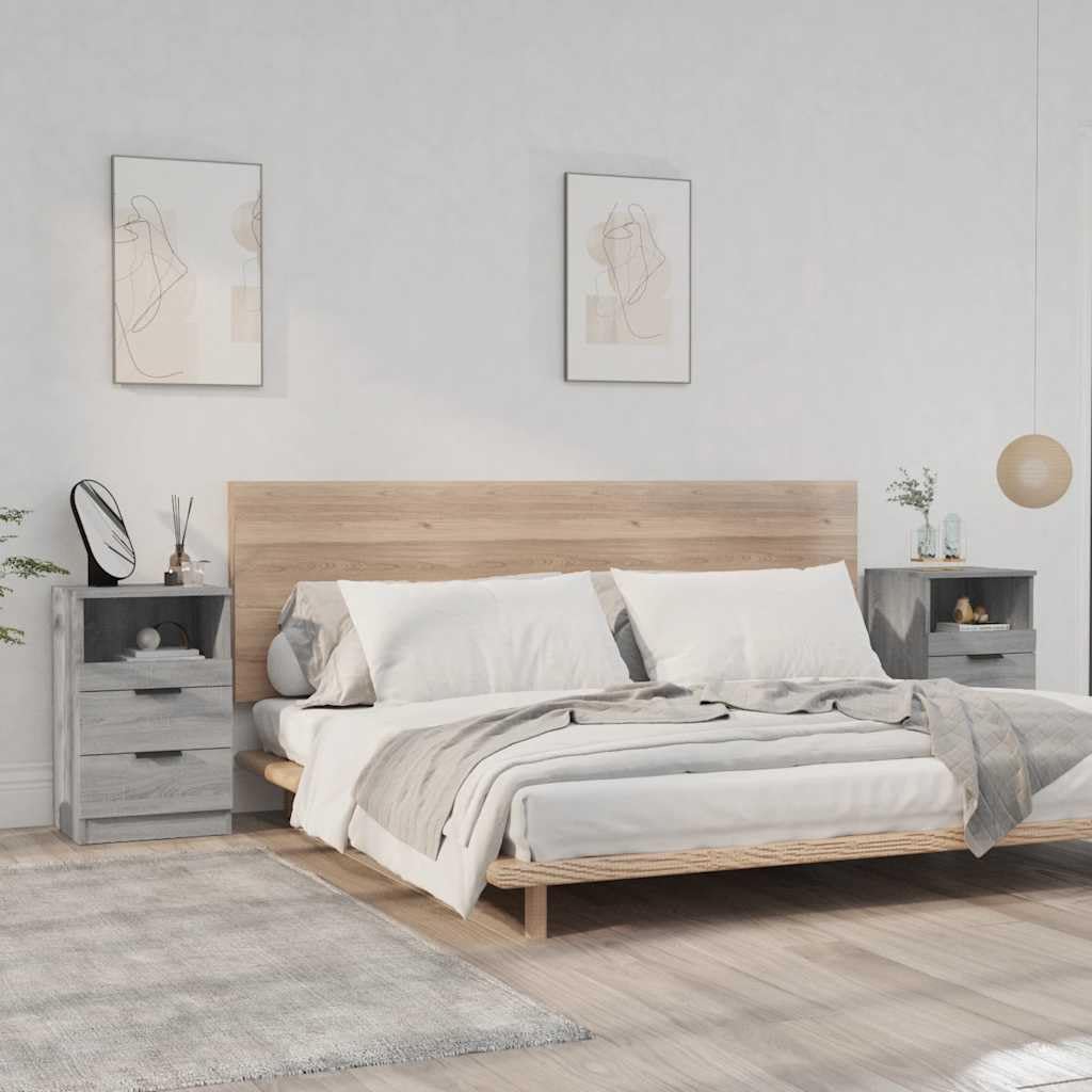 Table de chevet en bois gris avec tiroirs et niche lot de 2 pour chambre moderne