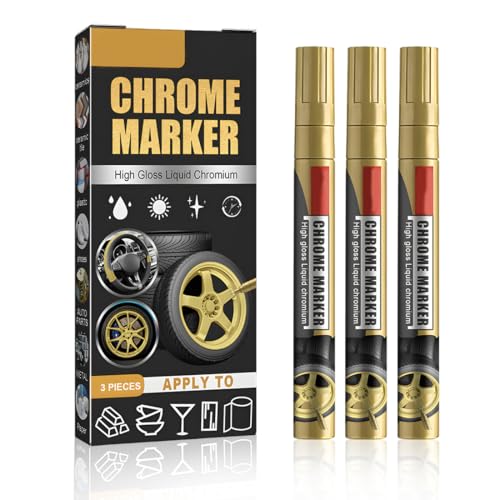 YOFDAL Marcador cromado 3 piezas | Lápiz líquido cromado para coche & neumáticos | Sellado de alta brillantez en oro para llantas, metal, plástico y caucho