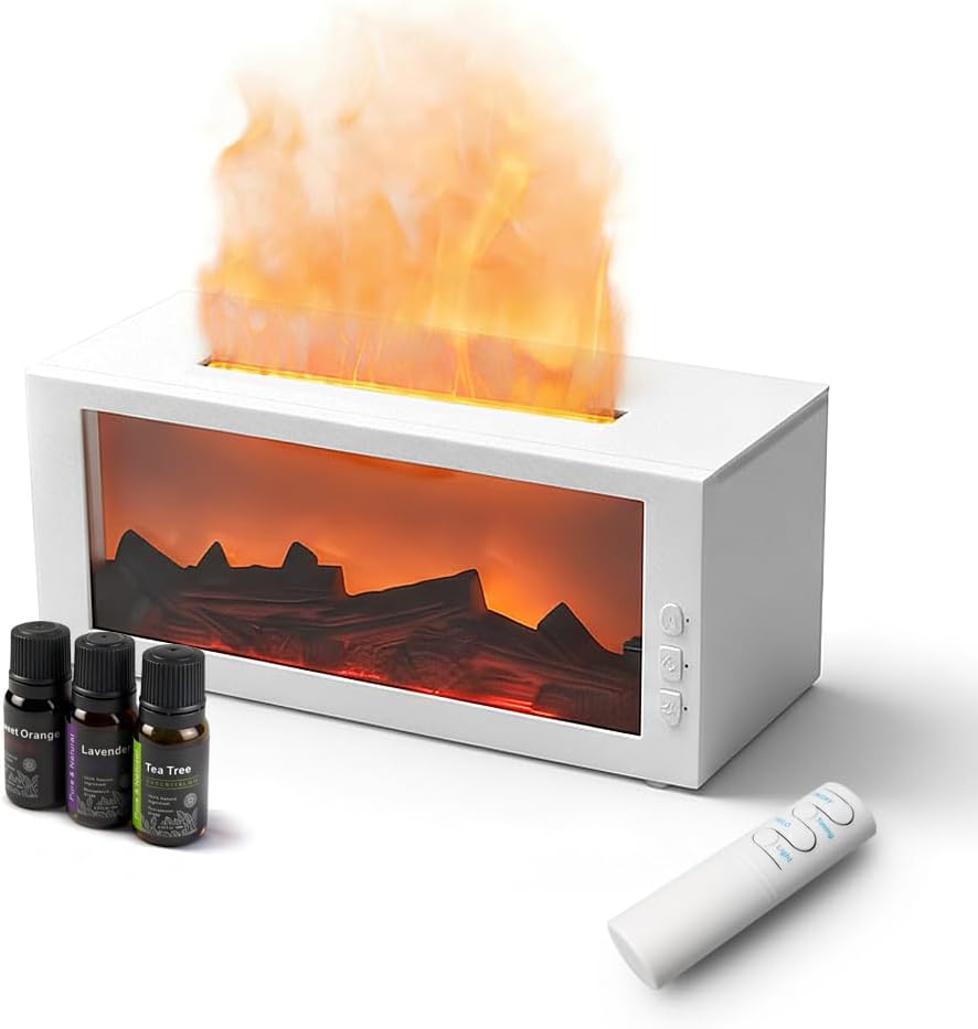 Essential Oil Diffuser,Fireplace Diffusers with 3 Aromatherapy Oils Set,300ml Color Flame Aroma Diffuser with Remote Control,Small Humidifier for Home Room Decor Gift for Women (White)