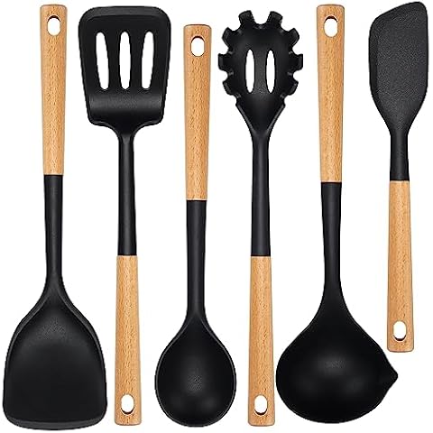 NCUE Kitchen Utensils Set, Large Non-stick Silicone Cooking Utensils Set 6 Pcs, Wooden Handle Heat Resistance Silicone Spatula Soup Ladle Pasta Server Kitchen Gadgets Utensils Set BPA Free (Black) Cover