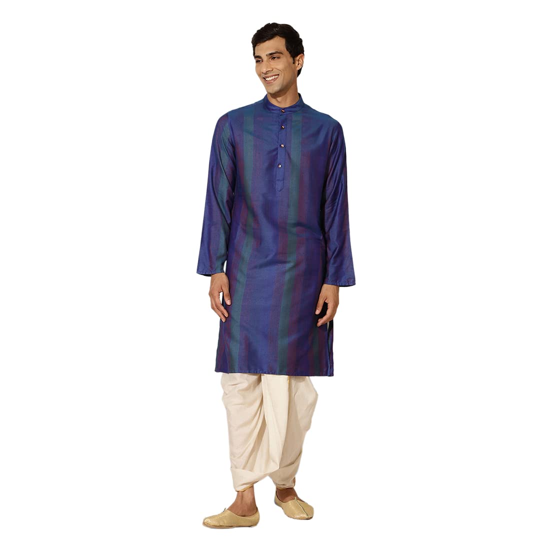 FabindiaMen Viscose Blend Slim Fit Striped Long Kurta Blue