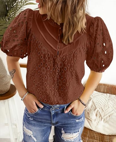 BETTE BOUTIK Women's Long Short Sleeve Tops 2025 Dressy Casual Button Hollow Out Lace Embroidered Blouses Shirts