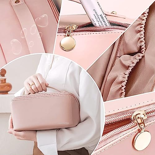 Image of ARLICORPING Large Capacity Cosmetic Travel Bag, Women's Makeup Travel Bag Portable Leather Cosmetics Bag, Makeup Storage Bags with Handle and Divider, Wide Opening Cosmetic Organizer. (Pink)