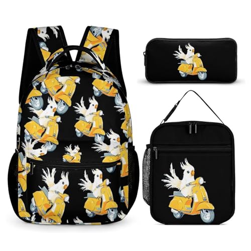 Cockatiel Riding Motorcycle Cute Print Backpack Set of 3 Portable Lunchbox Pencil Cases for Daily Travel