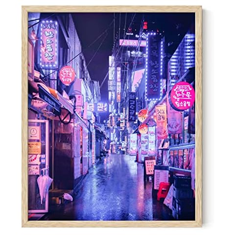 RipGrip Neon Art and College Posters - Dorm Decorations, Cool Posters for Guys, Trippy Asian Neon Art Print (Beige Frame, 16x20) Cover