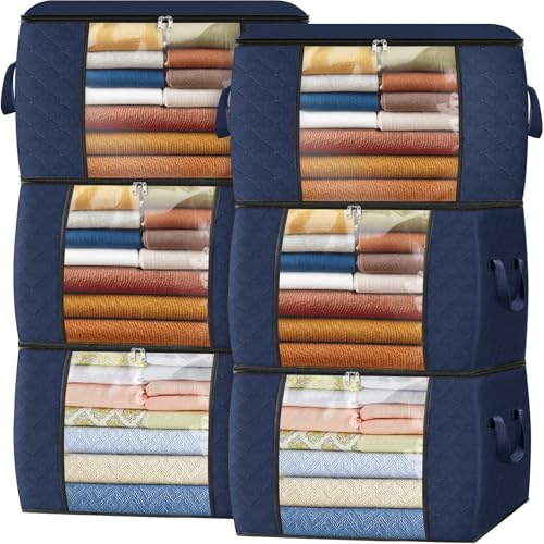 Image of Fab totes 24 Gallons Clothes Storage,Foldable Thick Fabric Blanket Storage Bags,Containers for Organizing Bedroom, Closet, Clothing, Comforter,Organization with Handle (6 Pack,Blue)