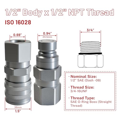 Image of 1 /2 inch SAE Flat Face Hydraulic Quick Connect Coupler Set,(3 /4 inch-16 ORB) Thread, 1 /2 inch Body,5076 PSI, ISO 16028, Fit for Skid Steer & Compact Equipment